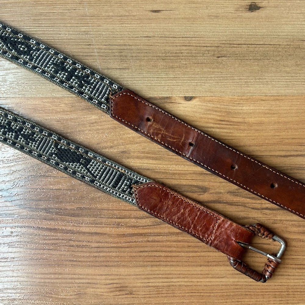 Brown Leather Trim Woven Black & Cream Women's Belt
